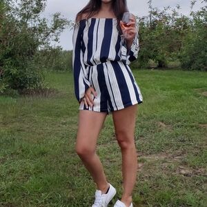 Long sleeve striped navy and white romper